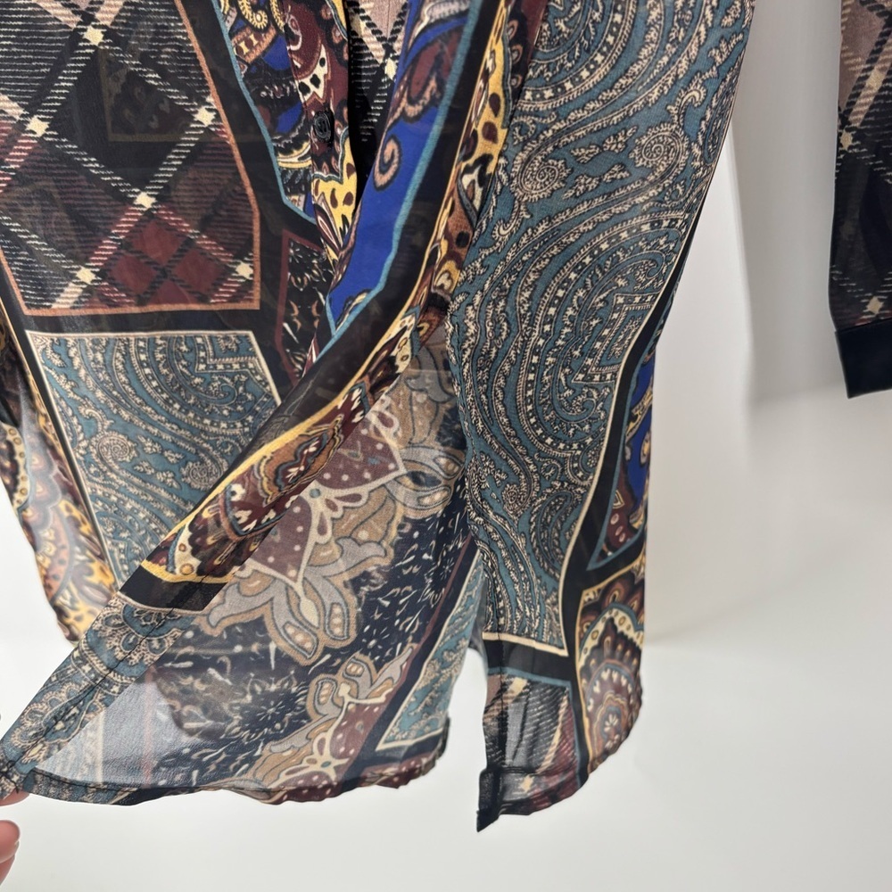 Vtg Simon Chang Collection patchwork print shirt with chains tassels 6 - Picture 9 of 16